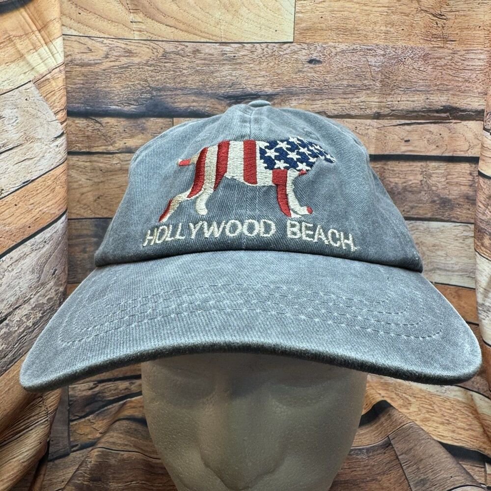 Hollywood Beach Florida Hat Cap Sun Equipment Gray US Flag American Lab Dog OSFA